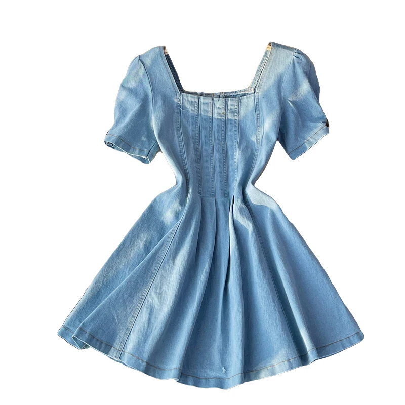 

Women Summer Age Reducing Square Neck Shows Thin Pleated Folds High Waist Fashion Backless Jeans Mini Short Sleeve Denim Dress