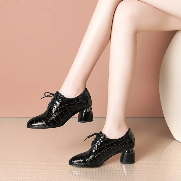 

MLJUESE 2021 Women Pumps Soft Cow leather Autumn Spring Lace up Checkered Green color Round toe High heels pumps size 42