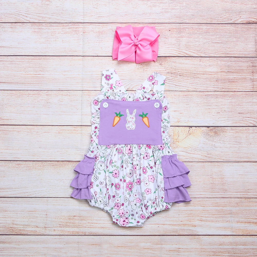 

Summer Girls Clothes Purple Sleeveless Pink Flower Print Easter Rabbit And Carrot Embroidery Pattern Toddler Baby Rompers
