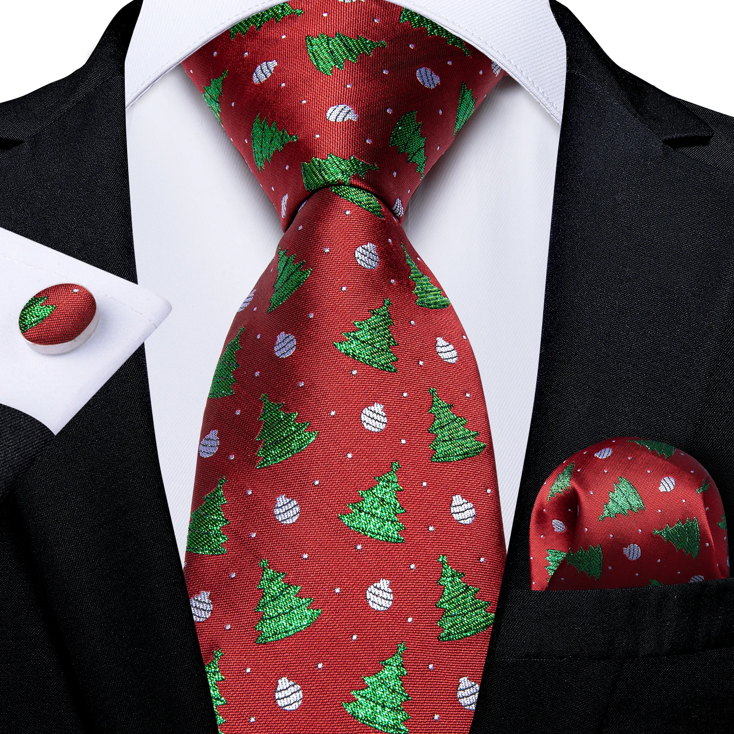 Красные, зеленые шелковые галстуки с принтом рождественской елки для мужчин, вечерние галстуки на шею, карманные Квадратные запонки, подаро...