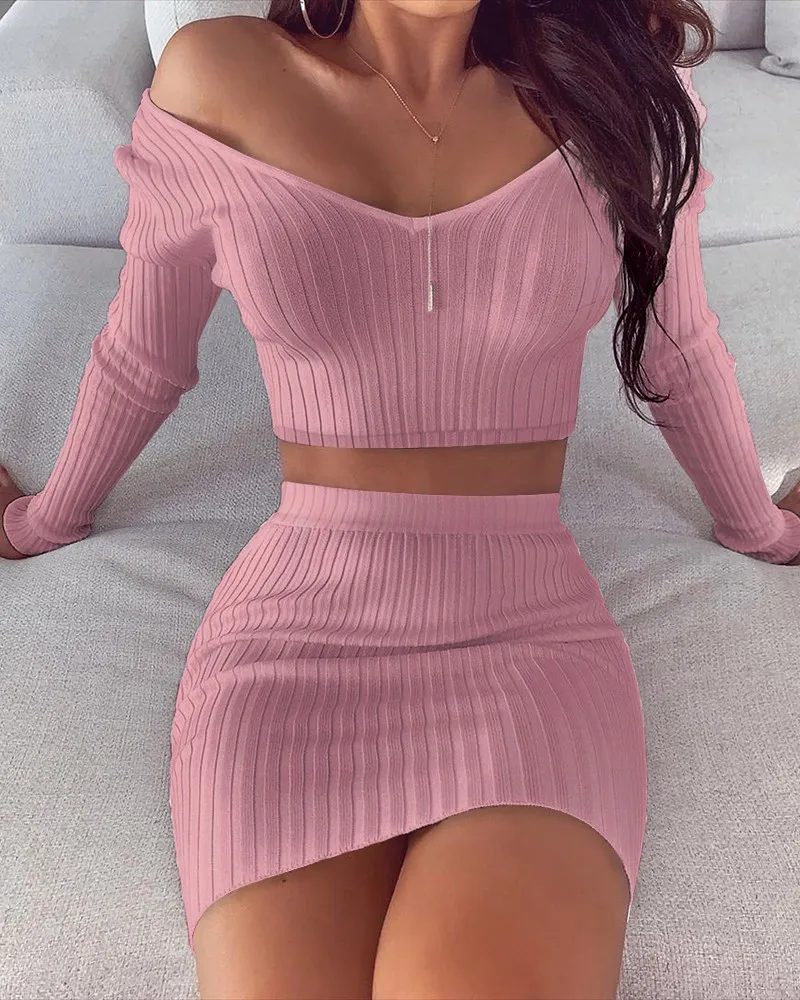 

Ribbed Long Sleeve V-neck Crop Top Mini Skirt Two Piece Set Club Party Outfits