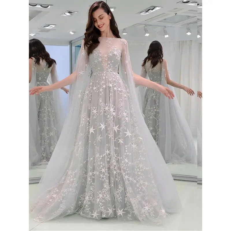 

2021 Summer Women Sexy Star Tutu Dress Floor Maxi Dress Gray Evening Party Night Elegant Gown Dress Wedding Vestidos Robe Femme