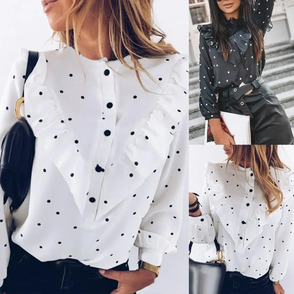 

Office Lady Polka Dot Print Long Sleeve Blouse Cuff Tied Button Ruffled Shirt harajuku accessories verao 2020 feminino