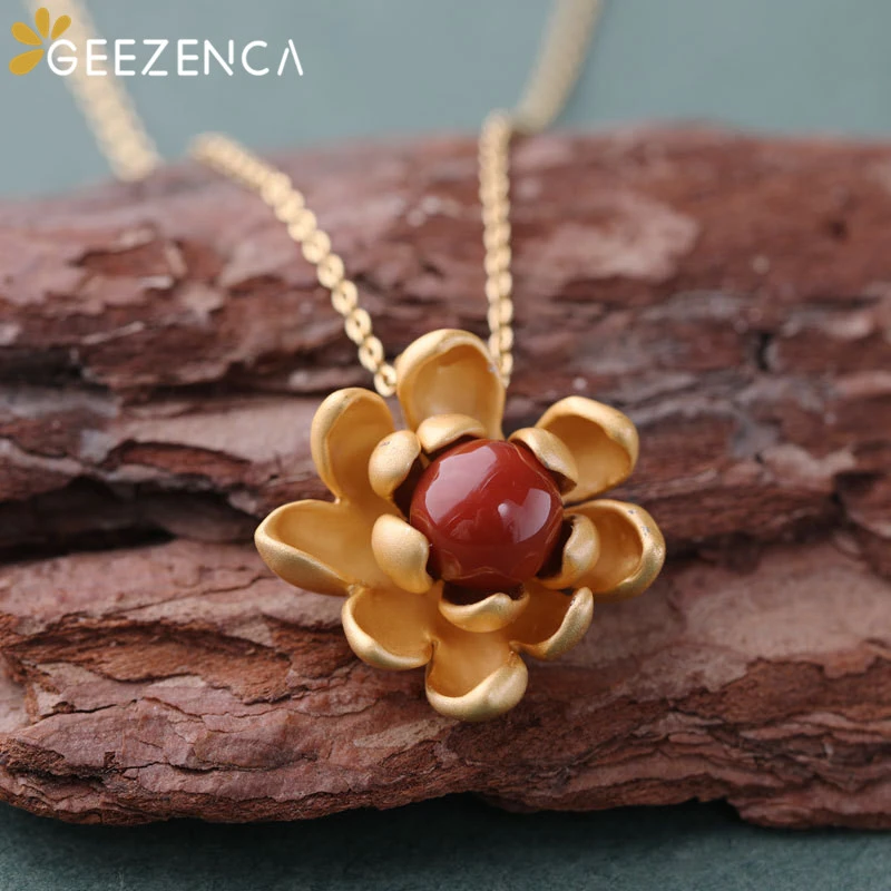 

925 Sterling Silver Agate Gold-plated Pendant Necklace Lotus Flower Pendants Fine Jewelry for Women Vintage Trendy Ethnic Gift