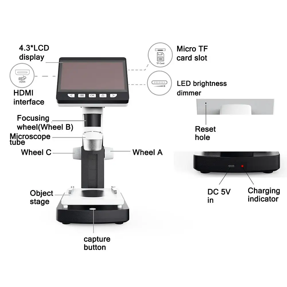 1000X 4.3 Inches HD 1080P LCD Digital Microscope Portable Desktop Electronic Endoscope Magnifier Support 10 Languages | Инструменты