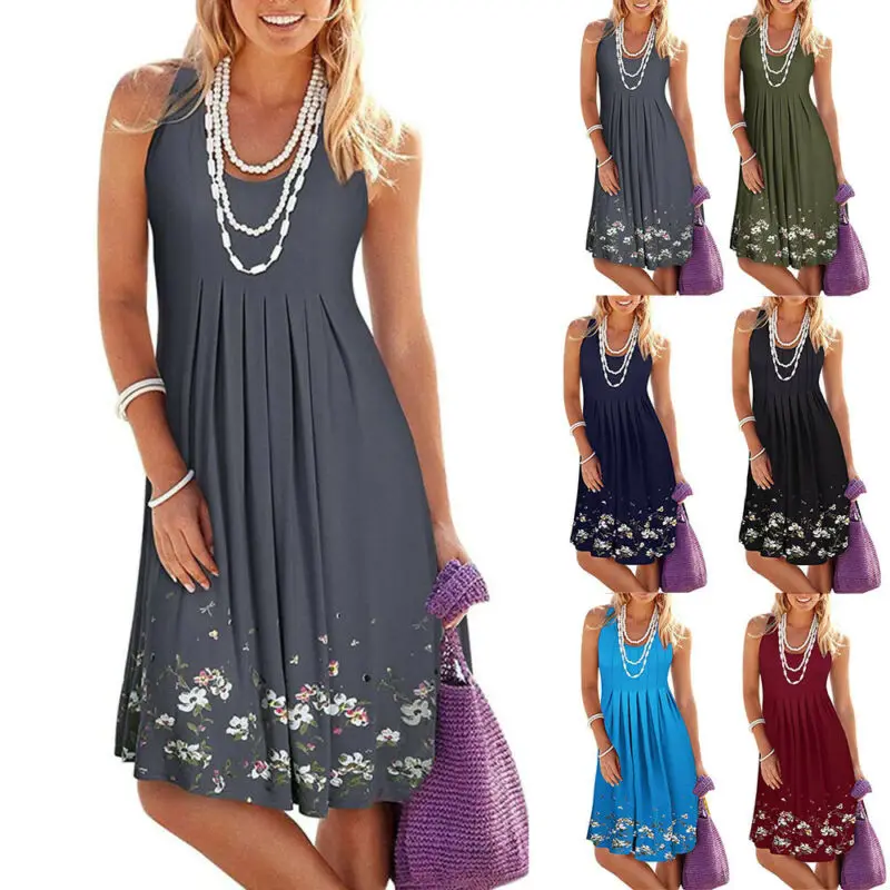 

Summer Dress for Women Floral Print Crew Neck Sleeveless Pleated Casual Beach Loose Tank Dress Women