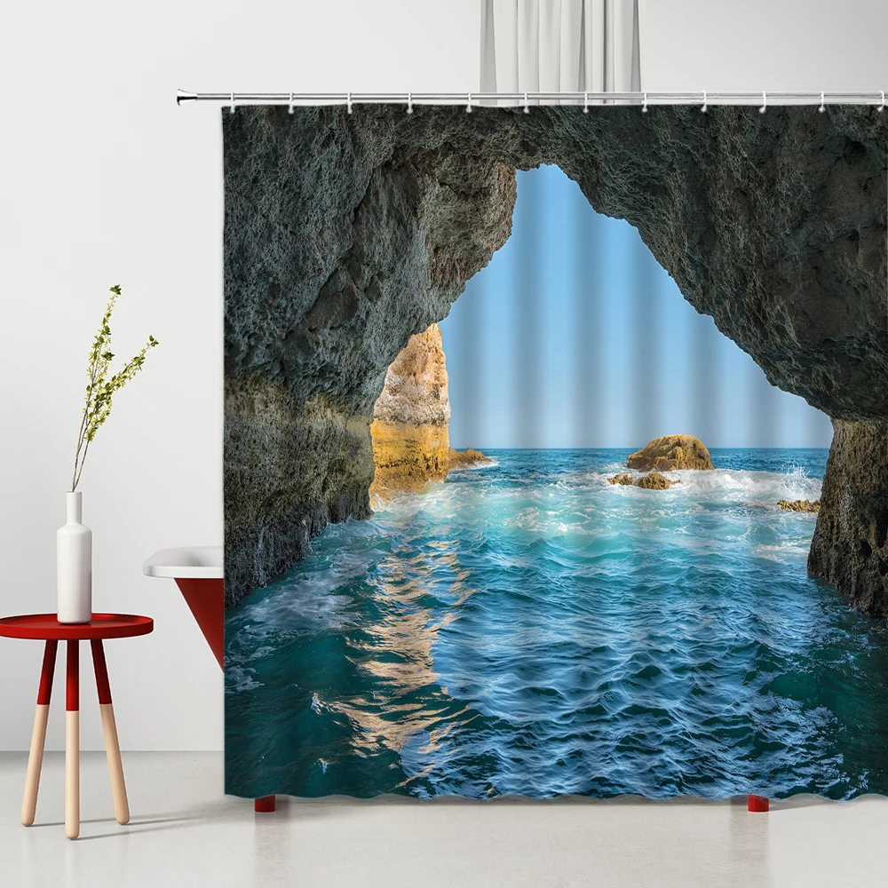 

Arches Sea View Castle Shower Curtains Ocean Creative Brick Stone Landscape Washable Bathroom Decor Bath Curtain Set With Hook