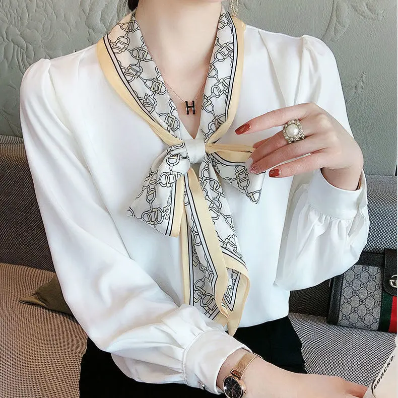 

White shirt with scarves spring new women's Bow Tie Shirt