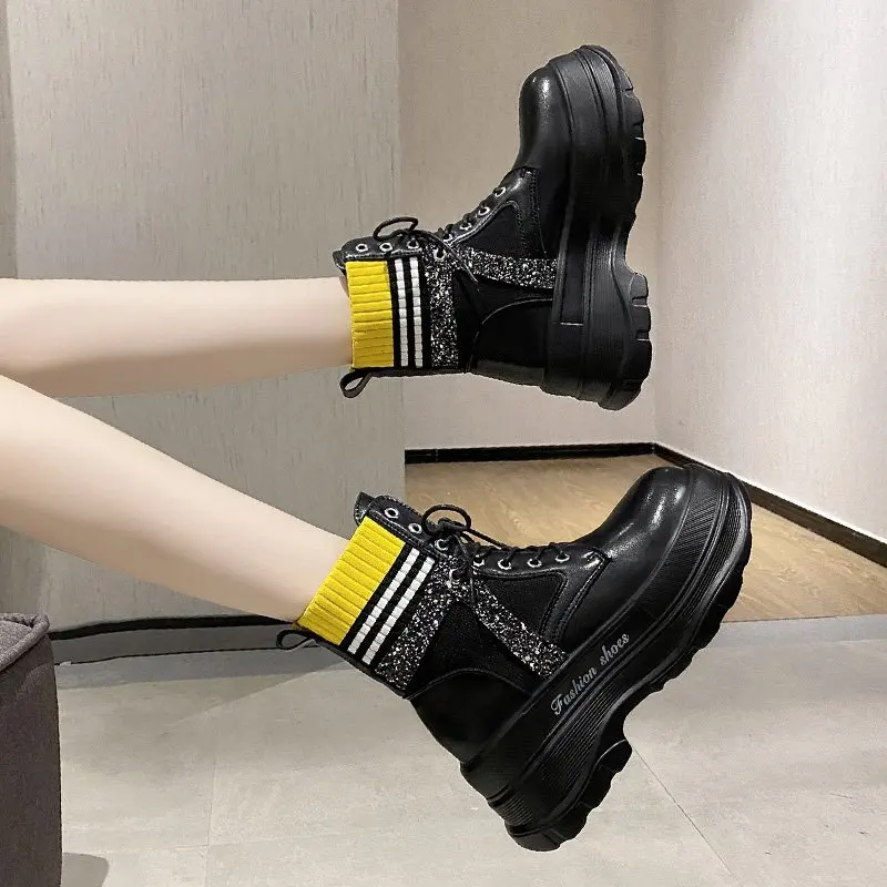 

Women Ankle Boots Platform Winter Boots Ulzzang 7cm Height Increasing Wedges Shoes Woman Autumn Thick Sole Leather Sneakers