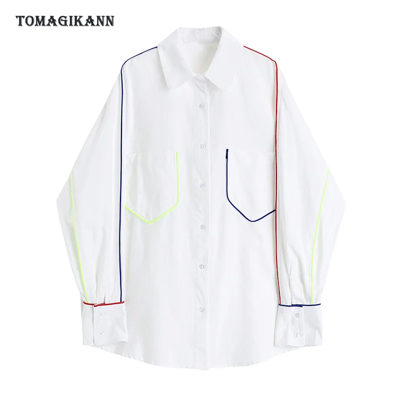 

White Women Blouse and Tops Coloful Line Korean Long Sleeve Oversized Patchwork Shirt 2020 Korean Blusa Mujer