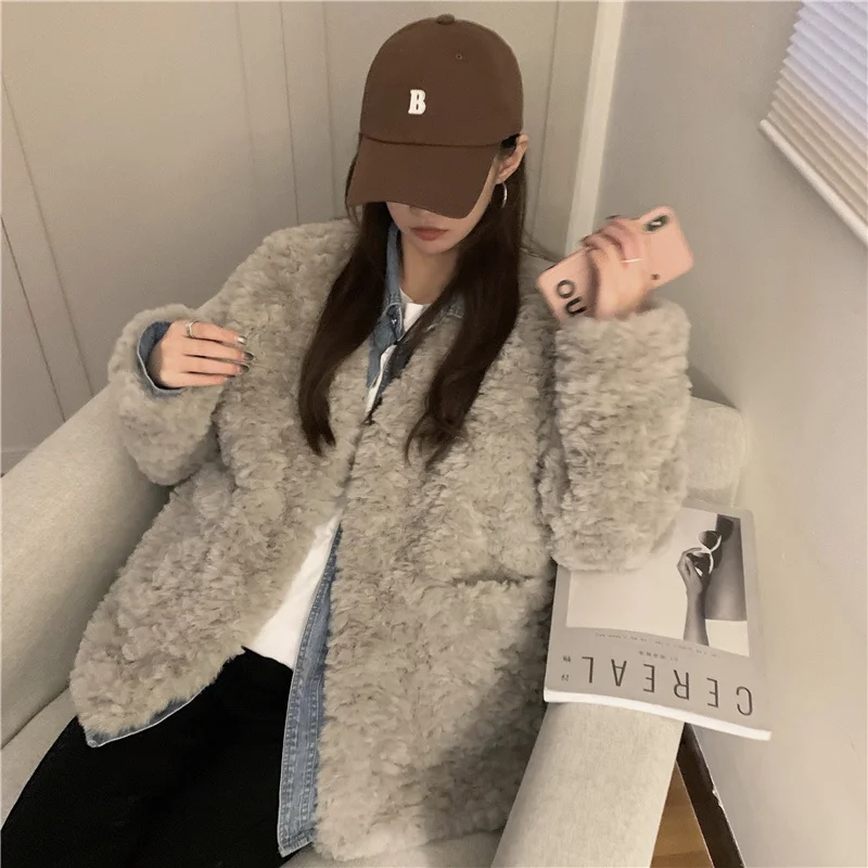 Зимняя утолщенная теплая свободная хлопковая одежда шуба из искусственного меха