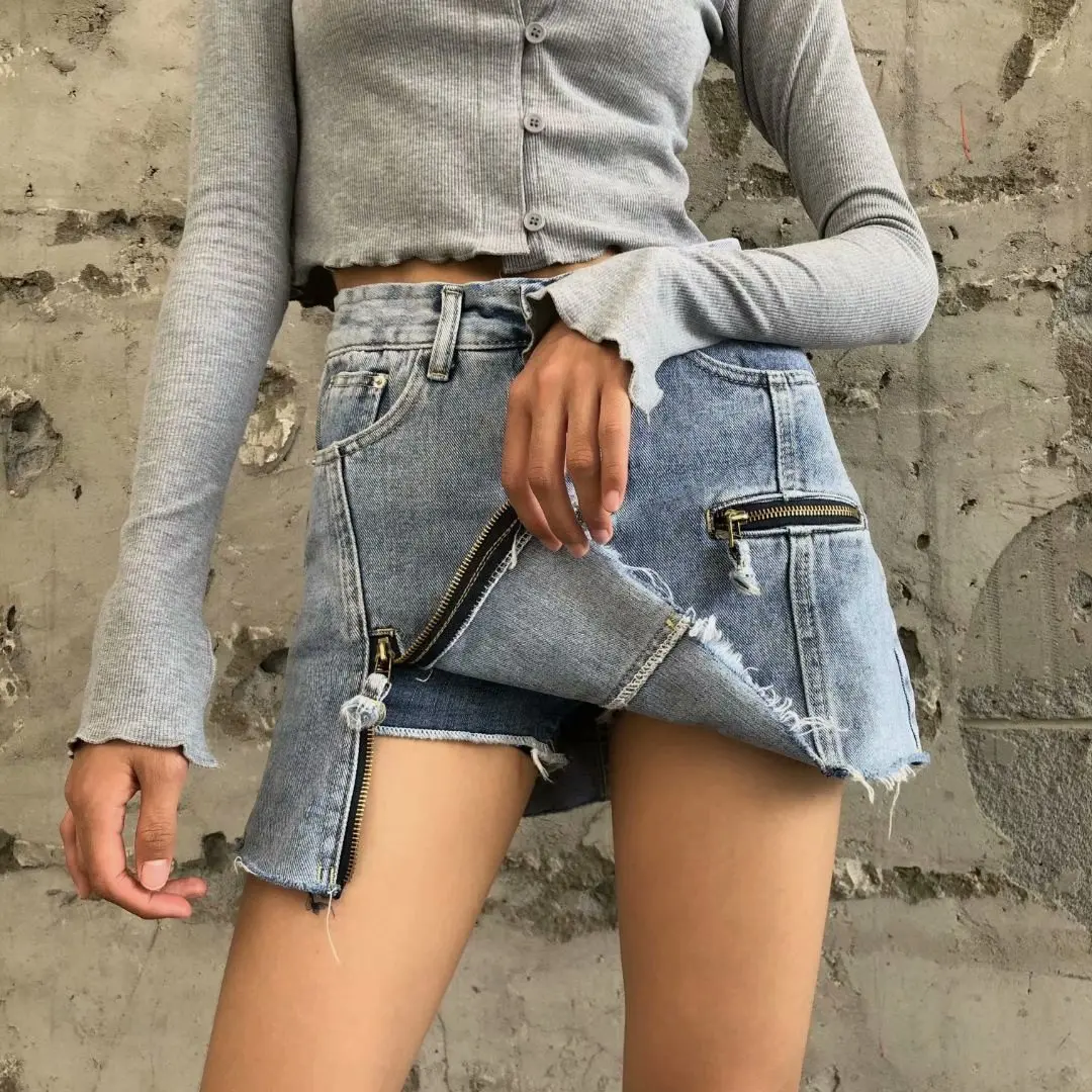 

Summer Women's Denim Skirts 2021 autumn side slit zipper denim skirt Female Hole Casual Solid mini blue retro skirt for women