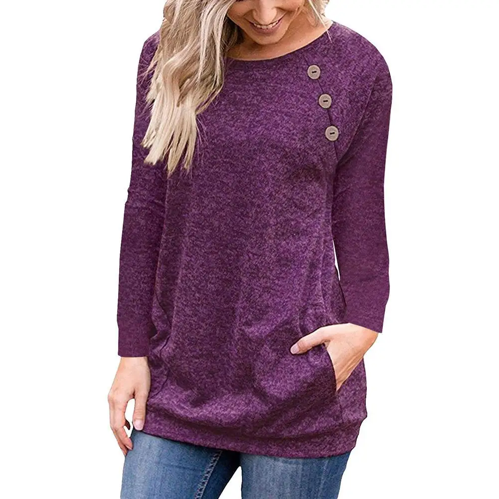 

Women Solid Color Long Sleeve Crew Neck Button Casual Pullover Blouse Knitwear Base Daily Shirt