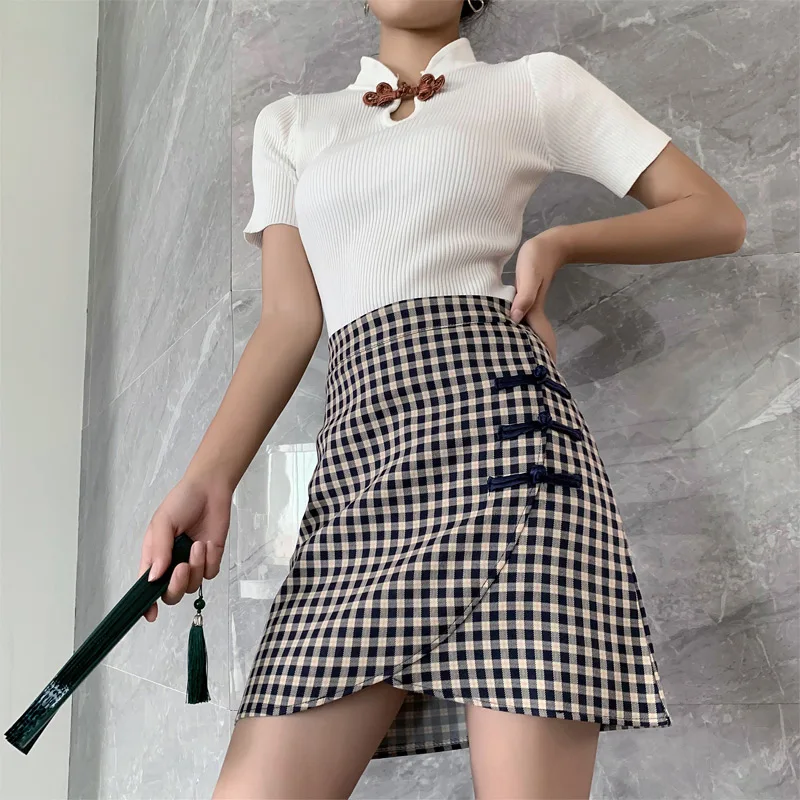 Винтажные женские мини юбки с высокой талией клетчатые черные и красные пряжкой