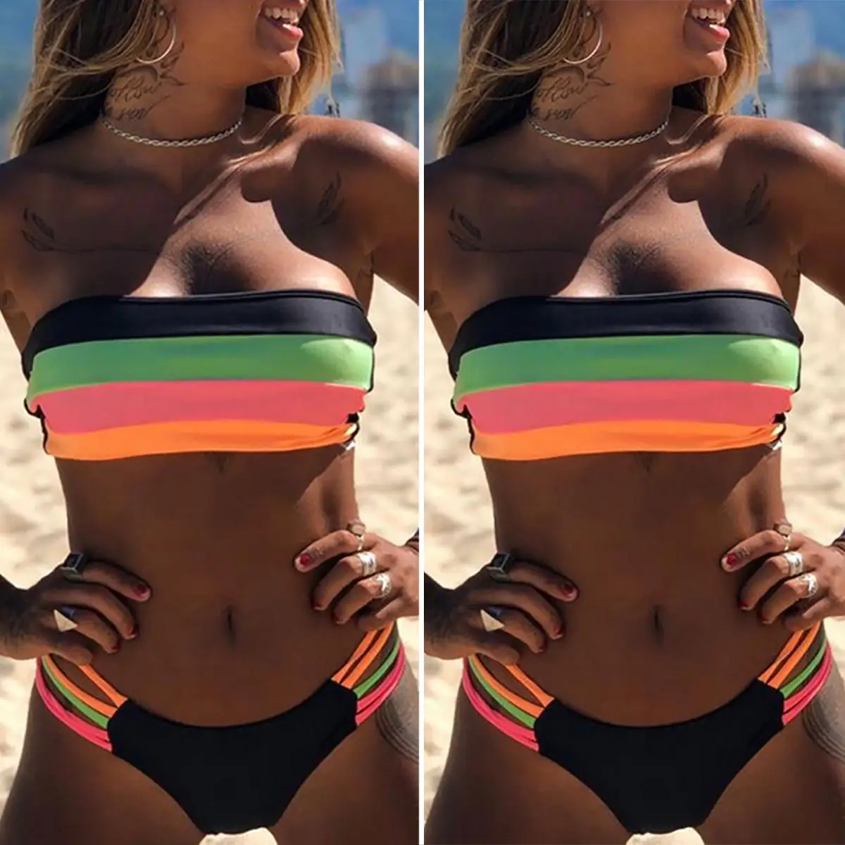

Women's Striped Patchwork Bikini Hollow Out Swimsuit Padded Swimwear