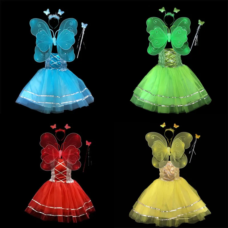 

Kids Princess Butterfly Wing Headband Wands Dress 4pcs Set Girls Fairy Cosplay Costume Party Dress Up Decoration Christmas