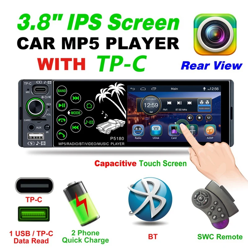 

Single Din Bluetooth Car Radio Press Screen Car FM Radio Receiver with USB/Type-C/AUX-In/TF Card Port MP5 Player