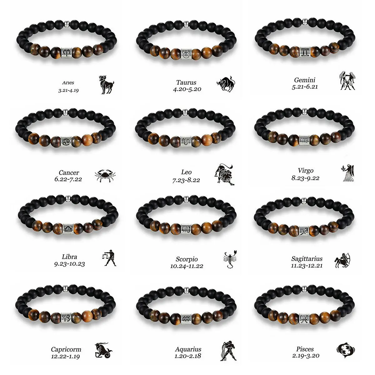 

Unisex Bracelet Twelve Constellation 8mm Tiger Eye Beads Black Frosted Stone Beaded Charm Bangle Exquisite Jewelry