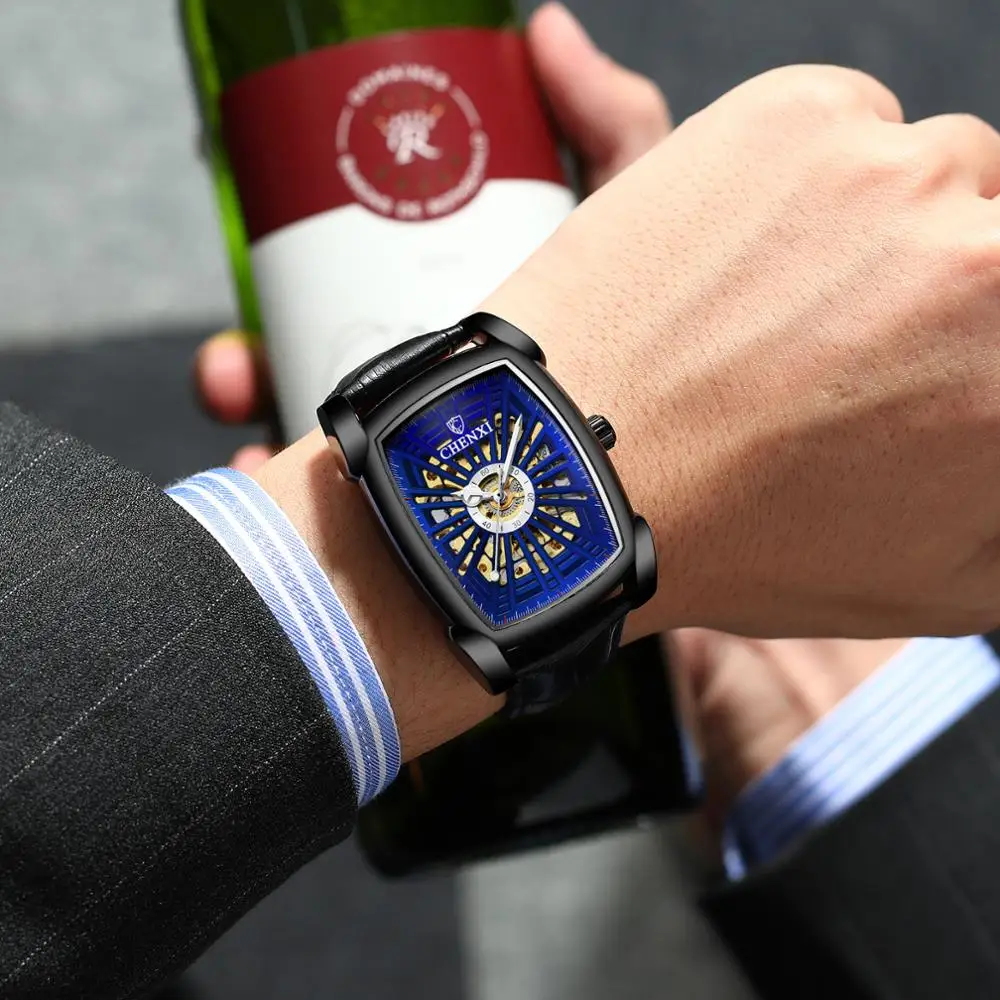 

Chenxi Watch Men Fashion Blue Watches Tonneau Case Automatic Mechanical Wristwatches Men Fashion Skeleton Watches Reloj Hombre