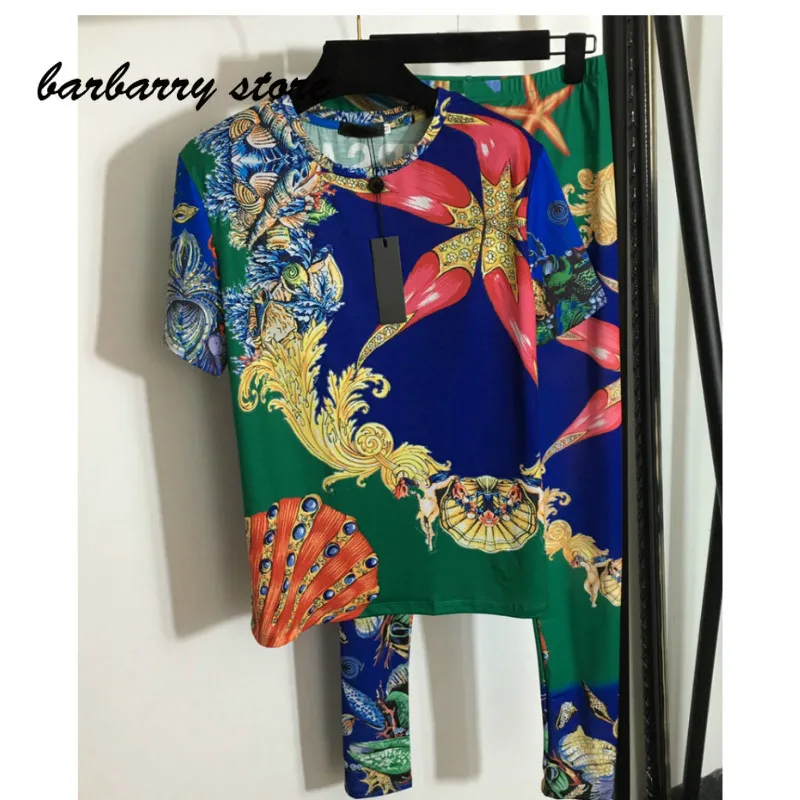 

luxury design starfish shell biological print women's temperament Lapel Shirt Short Sleeve T-Shirt + high waist slim Pants Set