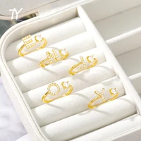classic stainless steel zircon letter gold colour open rings for woman fashion korean jewelry wedding party girls creative ring