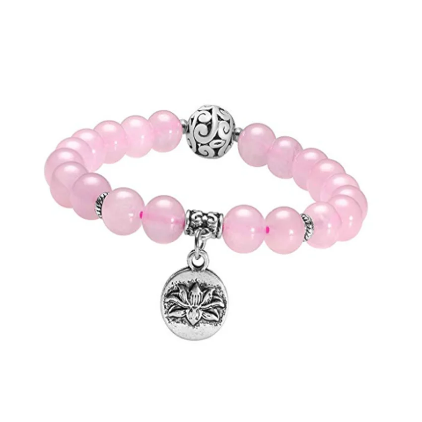 

Silver Plated Blooming Lotus Flower Connect Rose Pink Quartz Round Beads Elastic Bracelet Tiger Eye Stone Temperament Jewelry