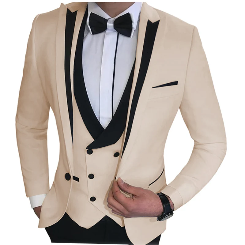 Suit Men 3 Pieces Slim Fit Business Casual Notched Lapel Groomsmen Beige/Black/Grey  Tuxedo for Wedding( Blzaer + Vest + Pants )