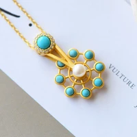 snew silver natural turquoise gold pendant necklace creative high quality rotating smart craft charm ladies brand jewelry