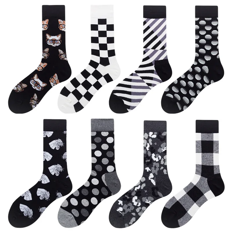 

Black White Series Men Happy Stockings Casual Geometry Dots Stripes Plaid Cat Crew Male Novelty Tube Socks Funny Street Style