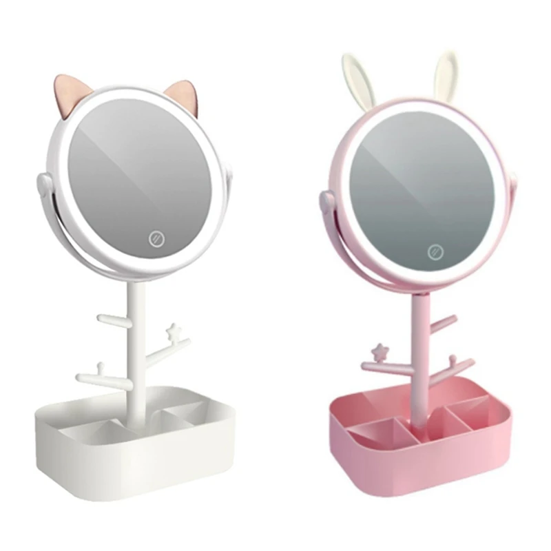 

Makeup Mirror Desk Lamp, 3 In 1 USB Charging Lighted Makeup Vanity Mirror Desk Lamp Storage Creative Cartoon Pet Style