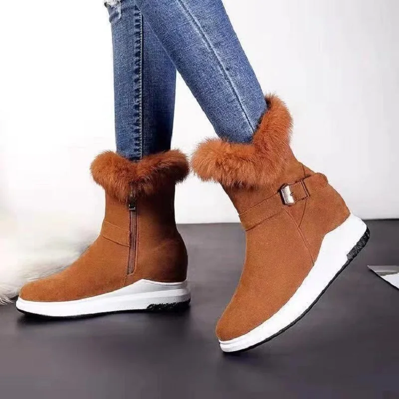 

2020 New Women Boots Winter Outdoor Keep Warm Fur Round Head High Heels Zipper Casual Toe FlatsSnow Shoes Muje Plus Size 35-43