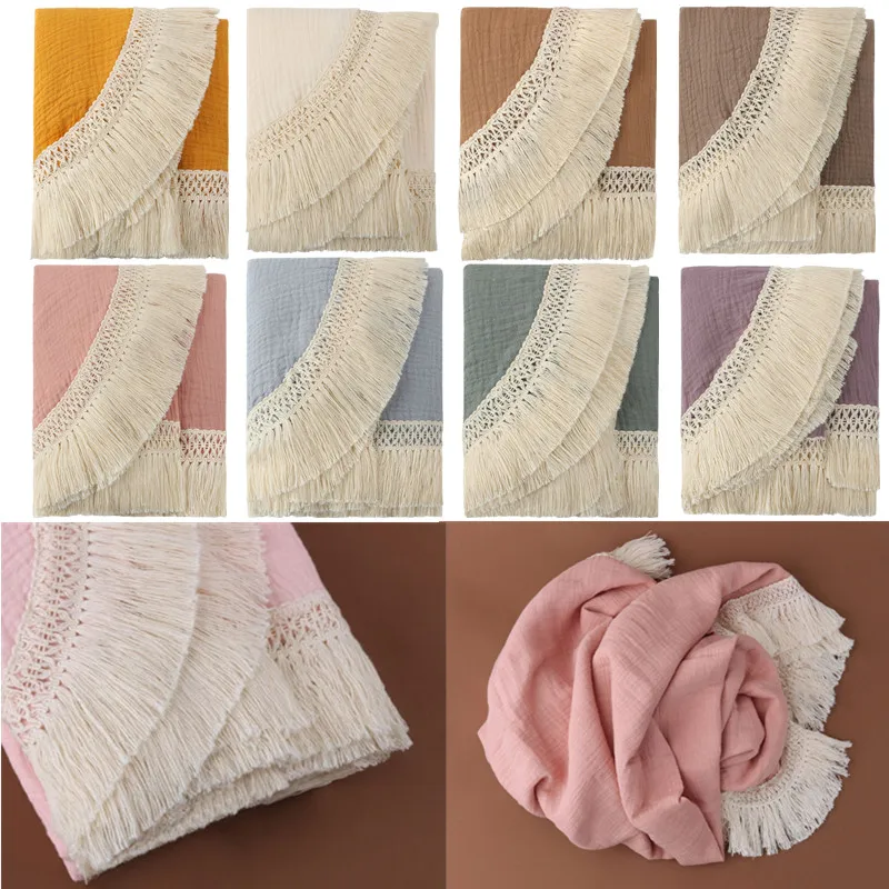 

2 Layers Pure Cotton Baby Blanket Tassel Muslin Newborn Swaddle Warp Infant Bedding Blanket Accessories Soft Bath Towel