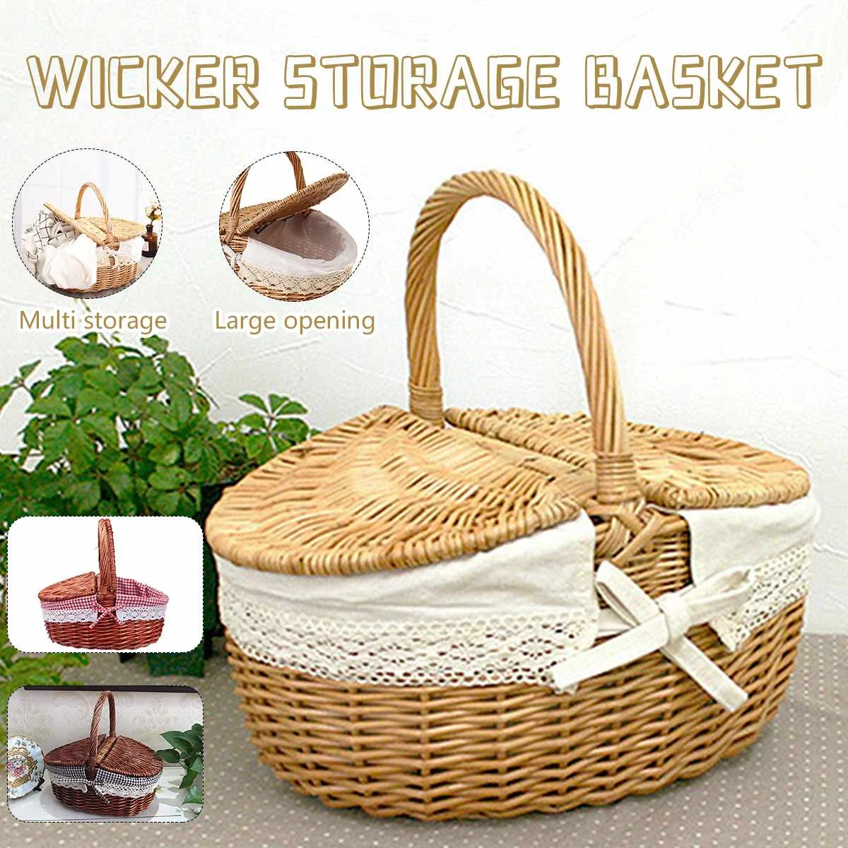 Плетеная ивовая Корзина для пикника корзина покупок винтажная с крышкой и ручкой