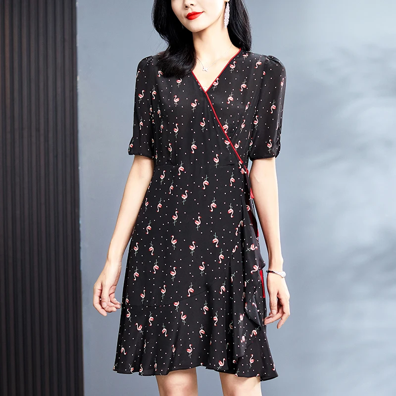 2023 Summer Women Black Print Dresses Elegant V-neck Short Sleeve High Waist Casual 100% Natural Real Silk Lady A-line Mid Dress