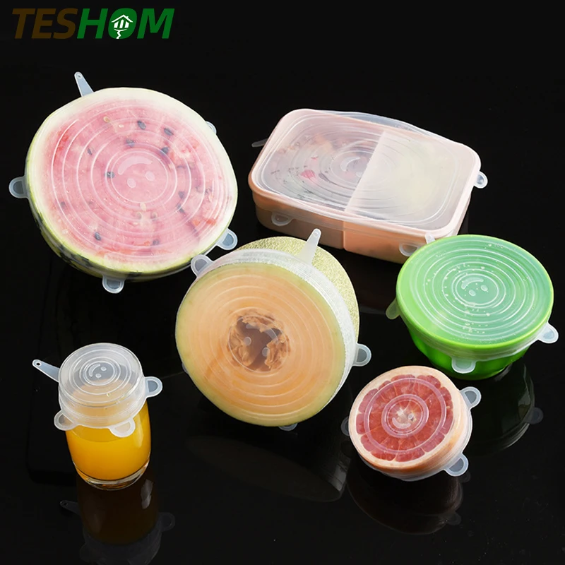 

6 Pcs/Set Reusable Silicone Food Wrap Stretch Vacuum Seal Cover Saran Wrap Kitchen Organization Food Fresh Keeping Sealed lids