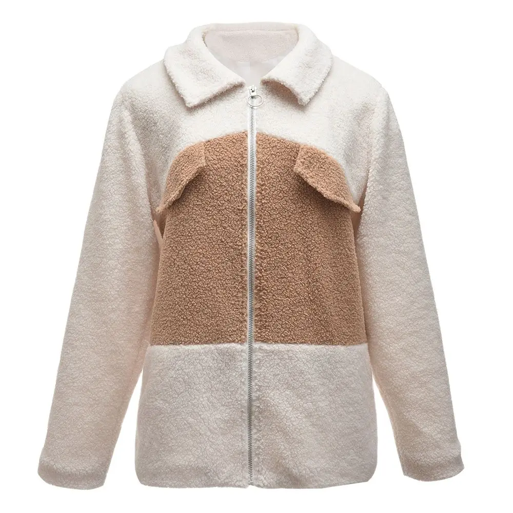 

Spring New Zipper Plush Coat Wommen Fashion Long Sleeve Contrast Color Teddy Fleece Jacket Lapel Pocket Color Matching Outwears