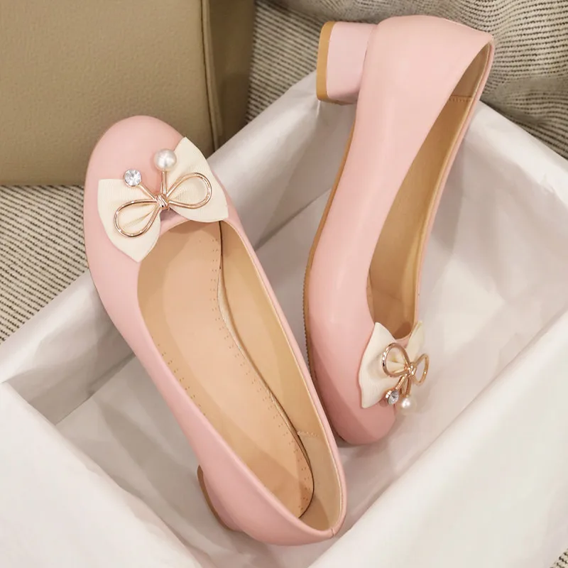Туфли лодочки женские на низком каблуке Повседневная модная обувь с бантом