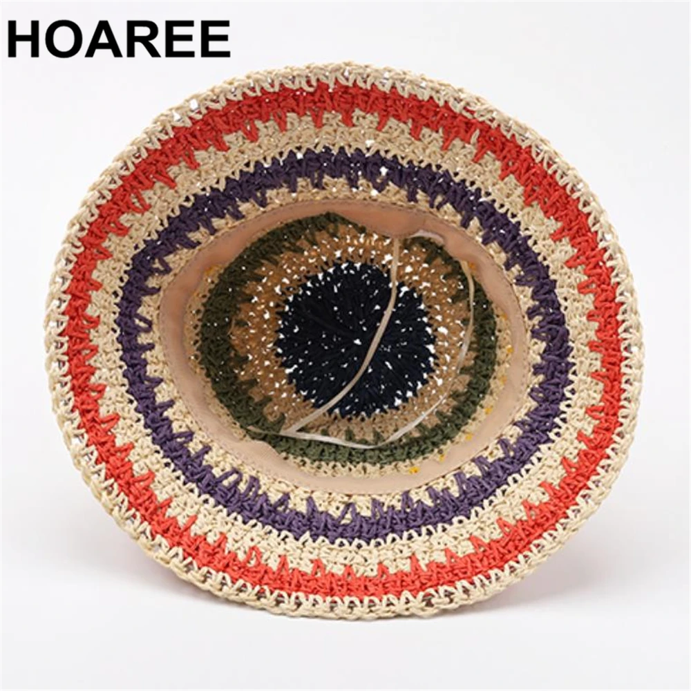 

womens summer hats Summer Beach Sun hat Bohemian Crochet Straw Hat Colorful Stripe Wide Brim Foldable Ladies Sun Hat