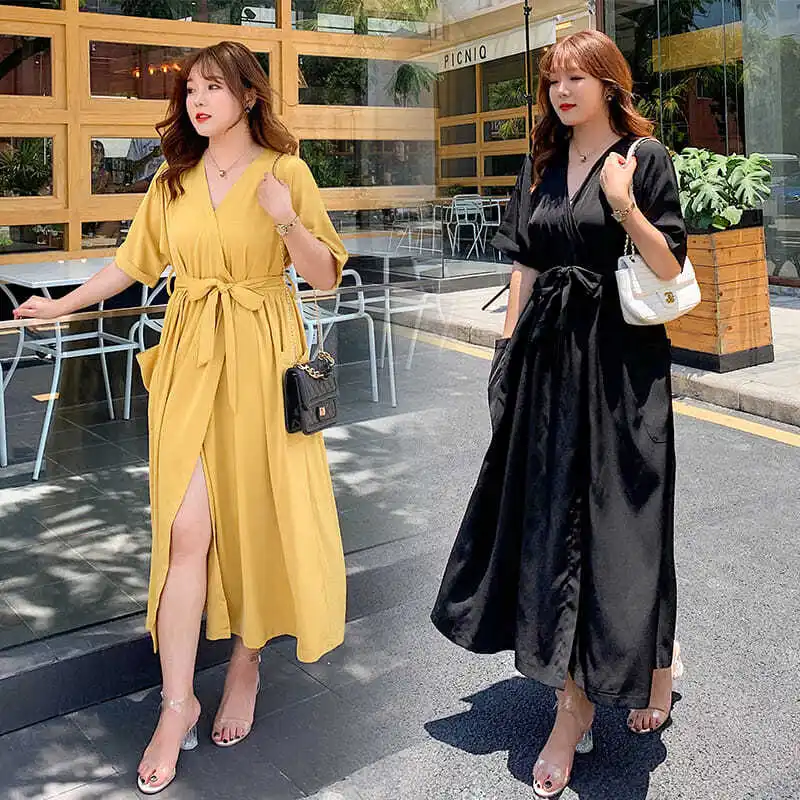 

Korean version plus fat plus women's dress fat mm loose show thin cover meat 200 Jin 300 Jin fat sister Short Sleeve Dress