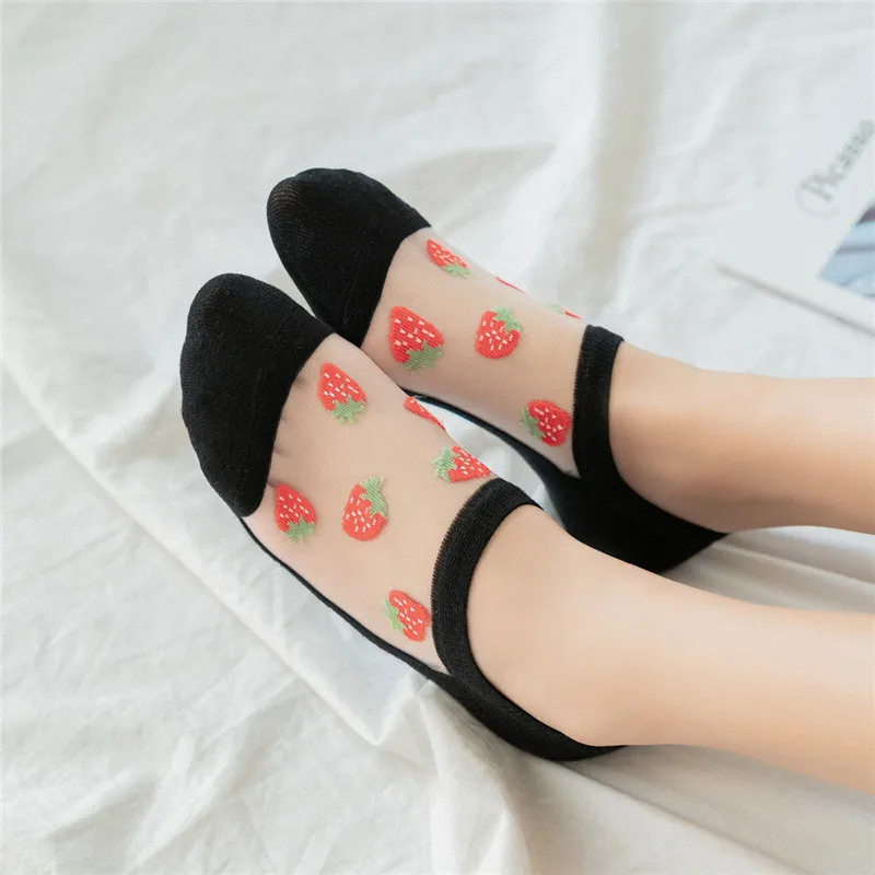 Летние Новые прозрачные женские носки с мультяшной вышивкой фруктов дышащие