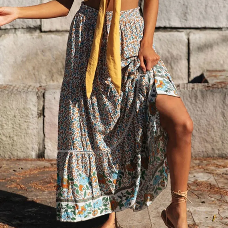 

Новинка, женский летний сарафан, богемные макси юбки с принтом, повседневные эластичные женские юбки с высокой талией и цветочным рисунком