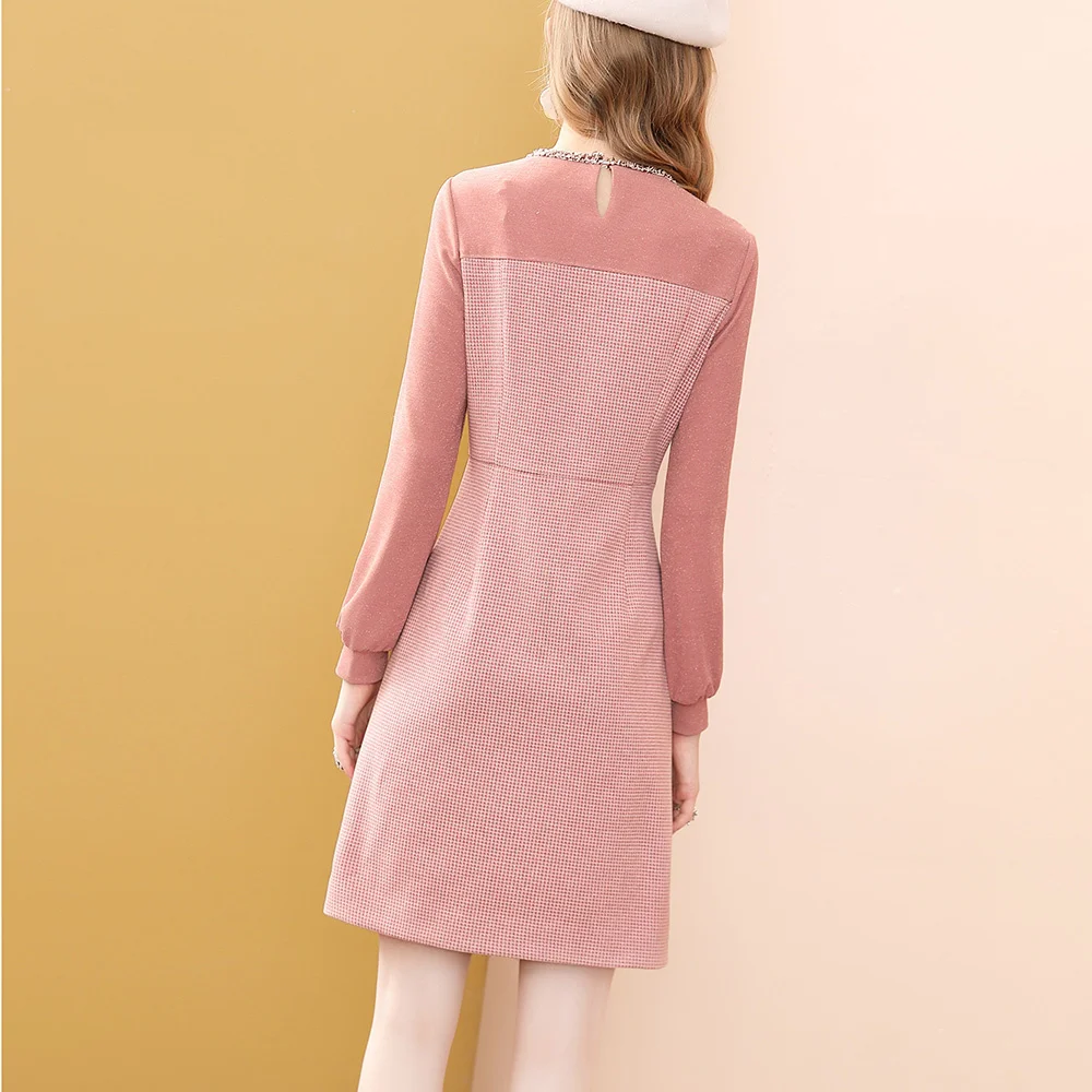 

Fashion Pink Long Sleeve Dress Winter High Waist Tweed French Women Party A-Line Dresses Knee Length Holiday Vestidos