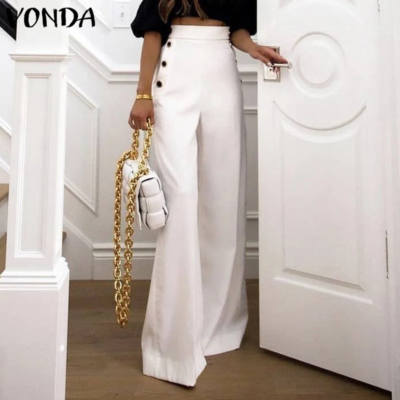 

Women Pants 2022 VONDA Office Ladies Wide Leg Pants Casual Solid Color Button Up High Waist Trousers Palazzo Pantalon Femme