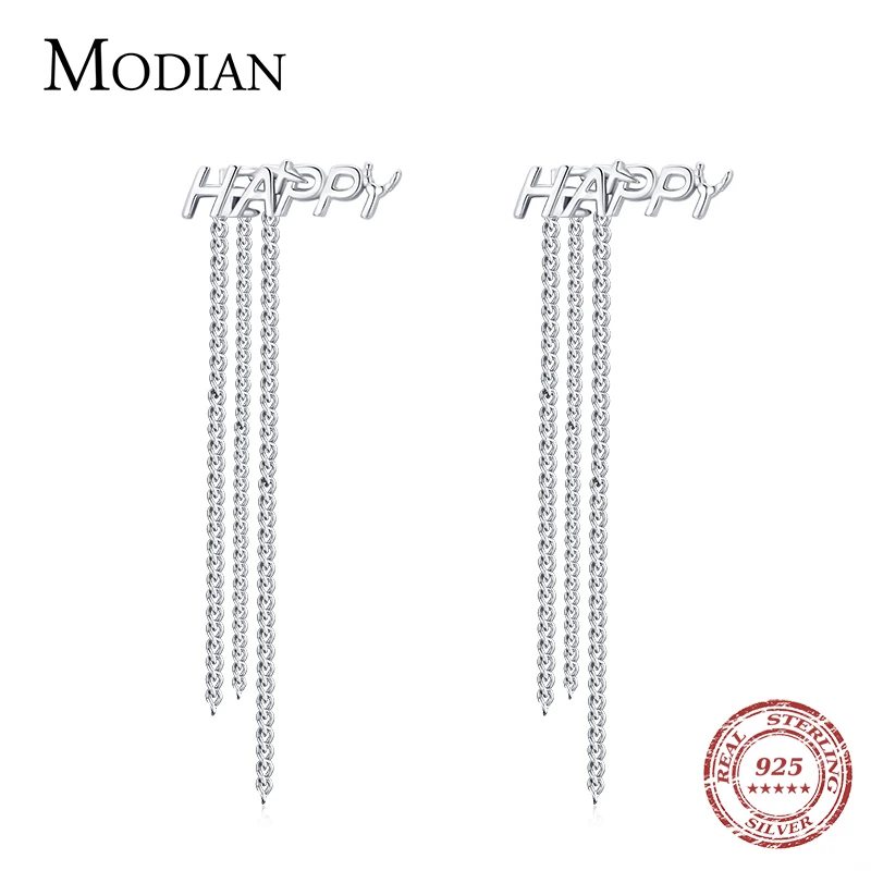 

Modian Happy Letters Long Tassel Chain Drop Ear 925 Sterling Silver Elegant Dangle Earrings for Women Wedding Fine Jewelry