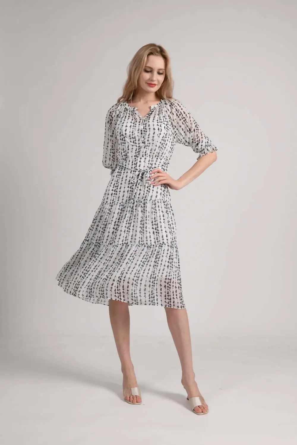 

2021 New arrived fashion High waist lace up black and white silk dress high end print dress