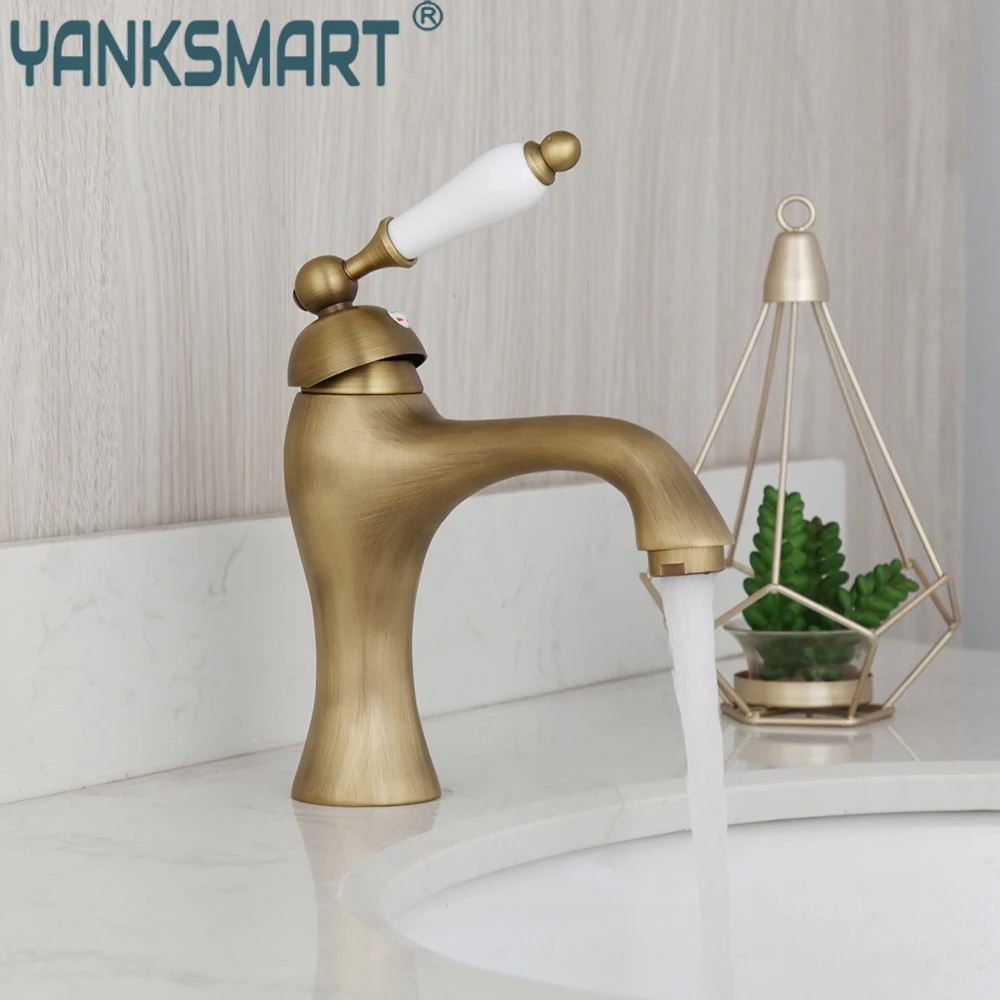 

YANKSMART Antique Brass Bathroom Faucet Washbasin Deck Mounted Ceramics Handles Faucet Basin Sink Hot And Cold Mixer Water Tap