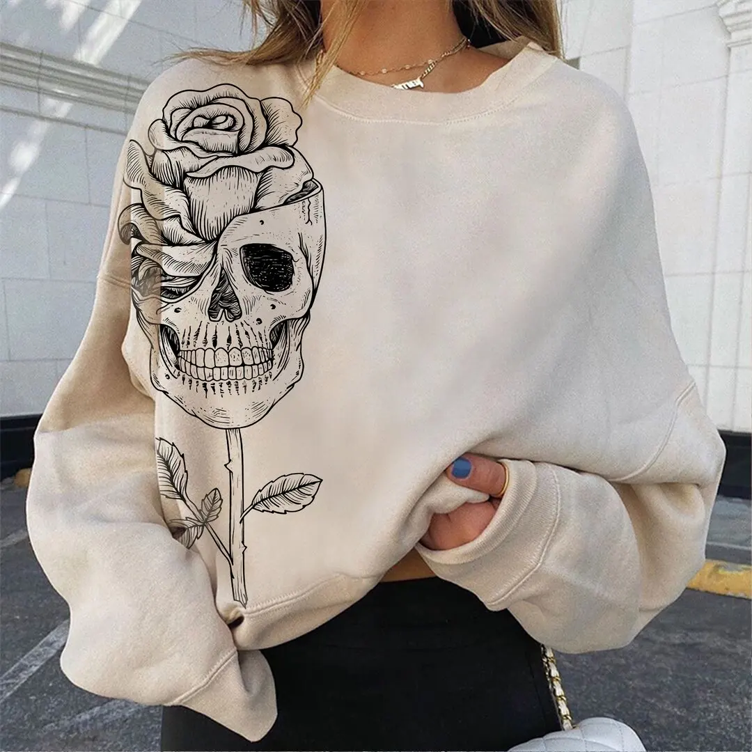 Plios Casual Autumn Skeleton Flower Printed Women's Thick Sweatshirt Oversized Hoodie