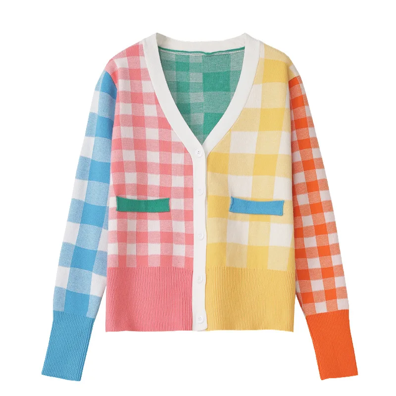 

Fannic Winter Fashion Plaid Rainbow-Colored Knitted V-Neck Single Breasted V-Neck Cardigan Sweater for Women