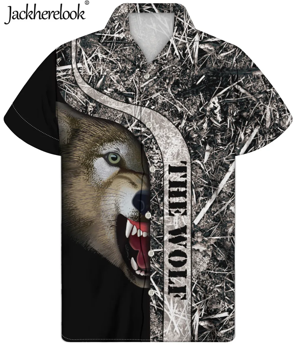 

Jackherelook Loose Summer Men Shirts Hawaiian Beach Tops Cool Wolf Animal Print Casual Male Short Sleeve Clothing Chemise Homme