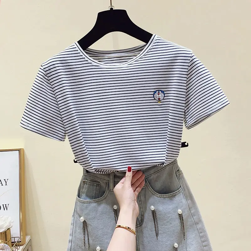 

Cotton Striped T-shirt with short sleeves and new loose-fitting tinkle cat embroidered top in summer 2021